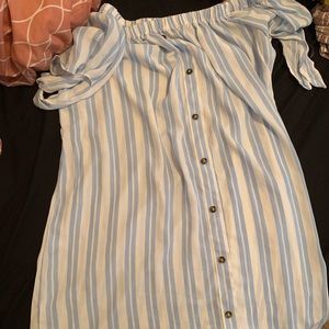 Blue & white striped off the shoulder dress